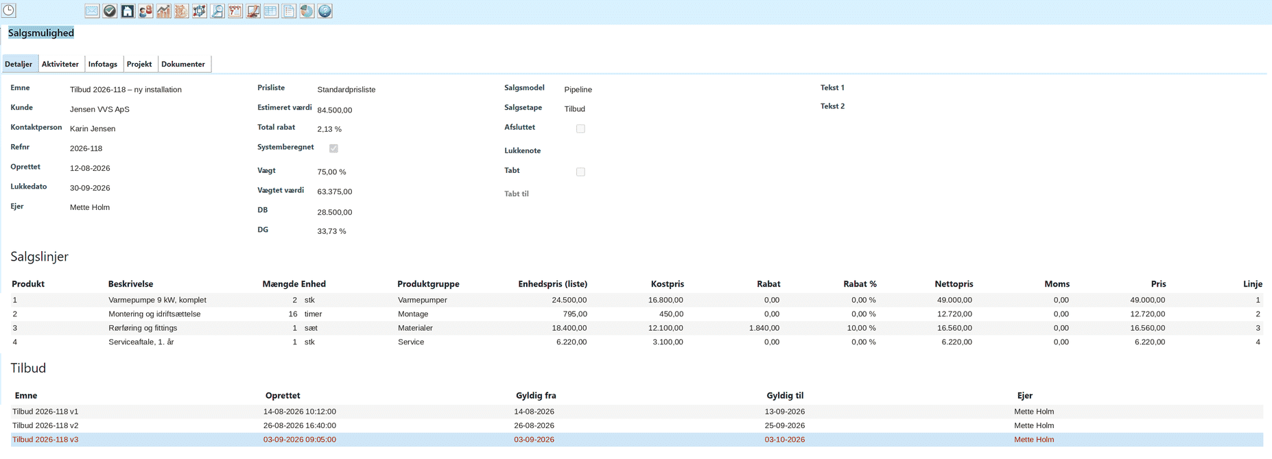 Salgsmulighed i SkyViewCRM med salgslinjer og tilbud i tre versioner